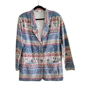 Vivaldi Large Floral Southwestern Blue Red Denim Blazer Jacket Shoulder Pad Vtg